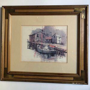 Old village water front scene framed print wall art home decor